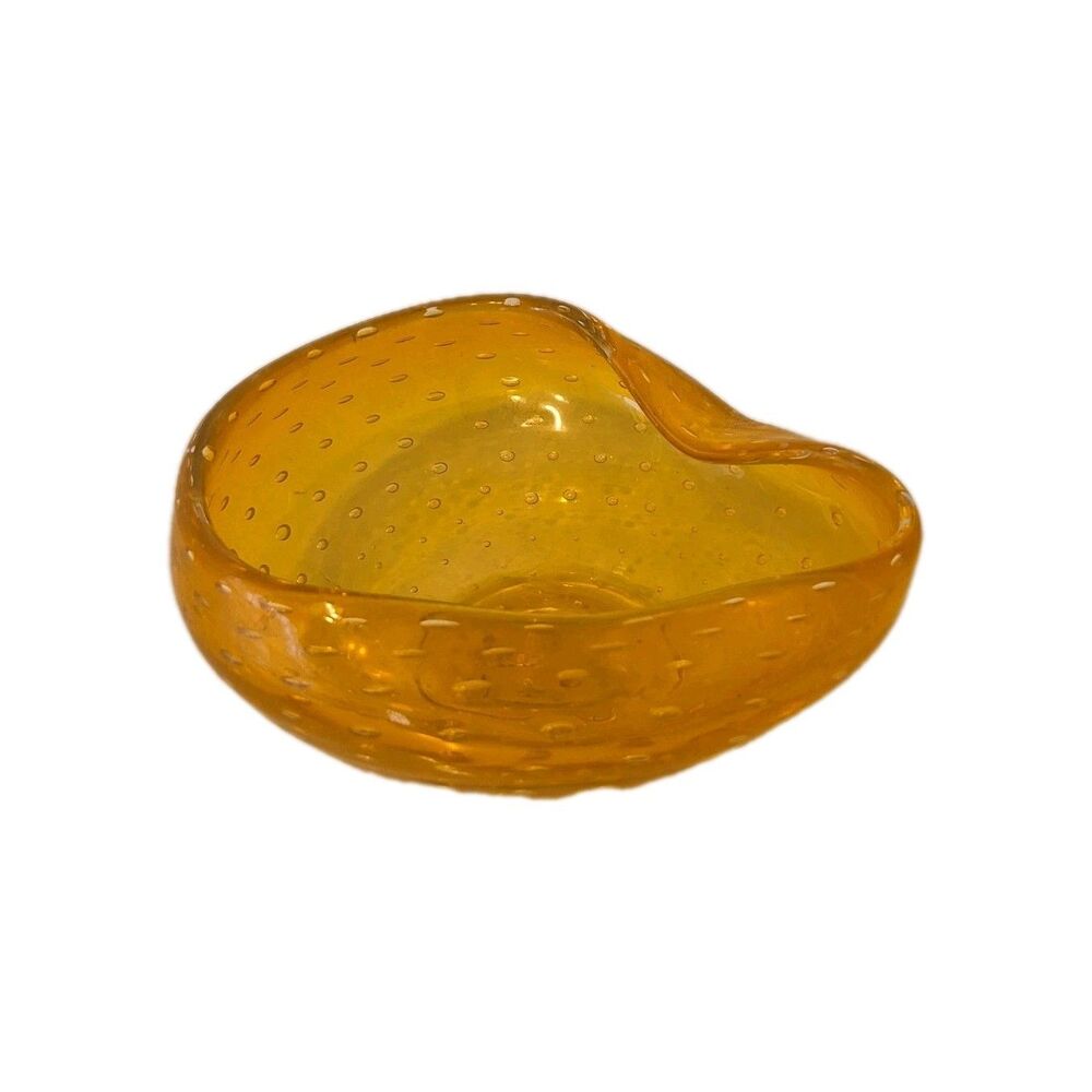 Amber Orange Blown Glass Bowl Bubble Folded Edge VTG 70's - Picture 2 of 7